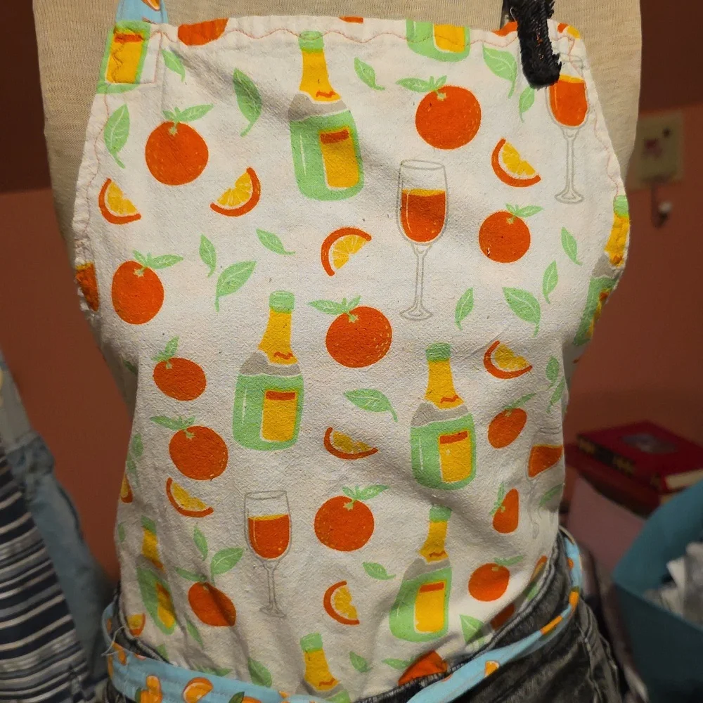 Upcycled Oranges & Champagne  Mimosa  Apron W Black Denim Jeans  Hand Crafted
